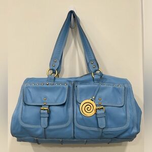 Chiocciola Italian leather handbag blue with gold buckles